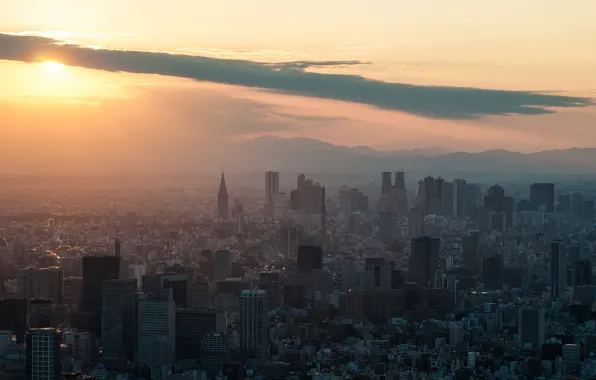 Картинка закат, здания, Солнце, небоскребы, Токио, Shinjuku, sunset, Tokyo SkyTree
