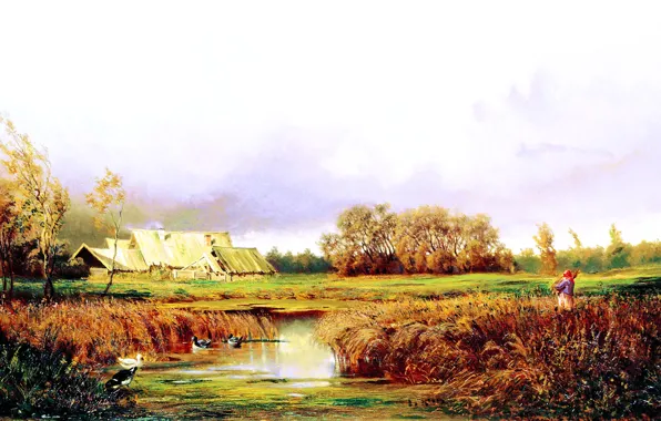 Картинка осень, пруд, масло