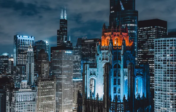 Ночь, город, дома, Чикаго, США