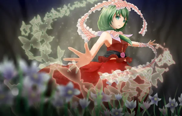 Девушка, цветы, ленты, красное платье, зеленые волосы, touhou, Kagiyama Hina