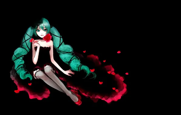 Роза, чулки, лепестки, шляпка, черный фон, vocaloid, сидит, Hatsune Miku