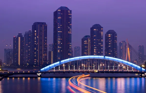 Картинка небо, ночь, мост, огни, река, небоскребы, выдержка, Япония