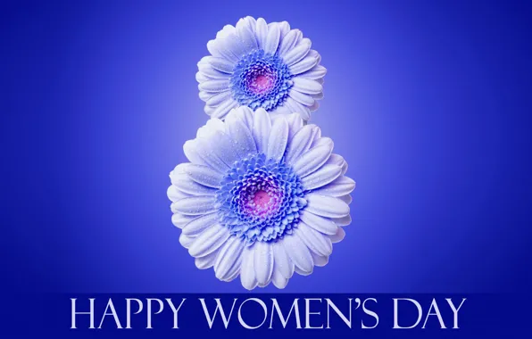 Картинка цветы, надпись, 8 марта, синий фон, международный женский день