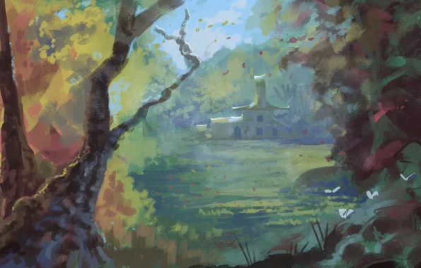 Картинка деревья, цветы, дом, арт, нарисованный пейзаж
