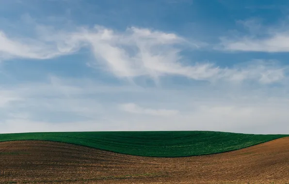 Картинка поле, небо, облака, линии, ферма