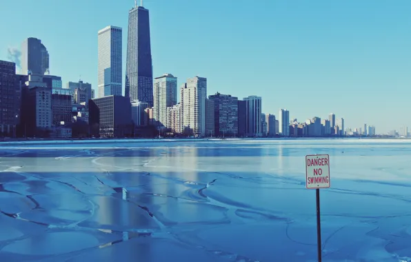 Зима, небо, город, лёд, небоскребы, Чикаго, Иллиноис