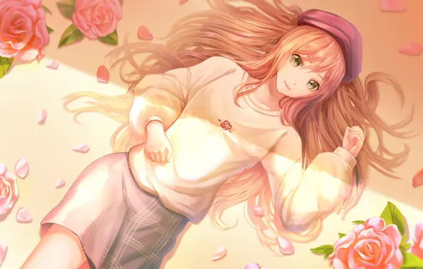 Картинка девочка, розовые розы, рыжая, берет, лежит на полу, зеленые глаза, лепестки, свитер, длинные волосы
