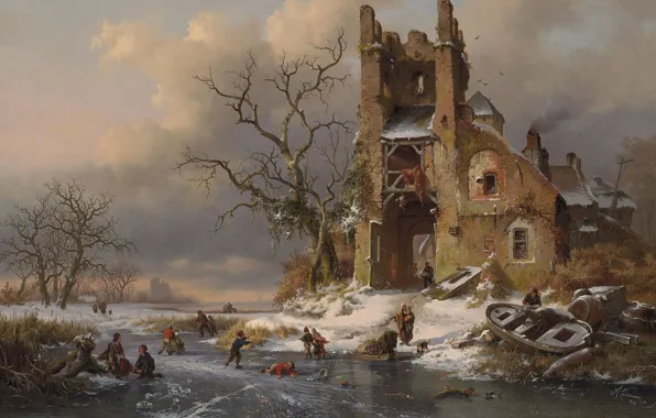 1858, Dutch painter, голландский художник, oil on canvas, Fredrik Marinus Kruseman, A winter scene with …
