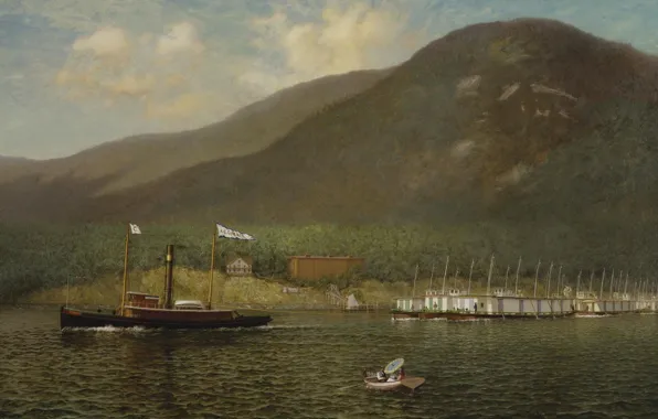 Горы, река, лодка, корабль, буксир, живопись, James Gale Tyler