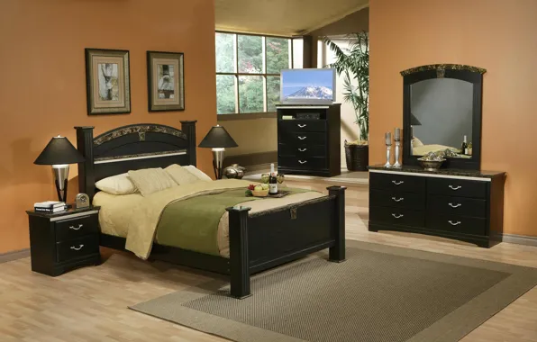 Картинка комната, вино, подушки, телевизор, бокалы, окно, постель, картины