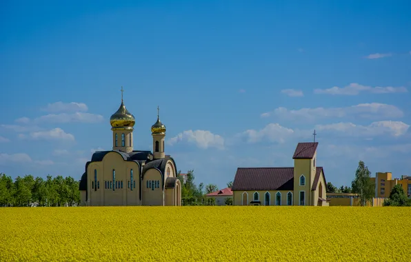 Поле, пейзаж, весна, храм, архитектура
