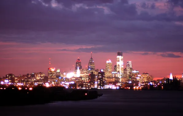 Ночь, небоскребы, USA, США, ночной город, Philadelphia