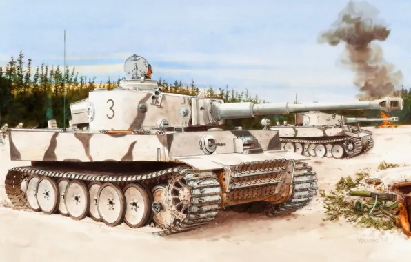 Картинка зима, тигр, рисунок, вторая мировая, немцы, вермахт, тяжелый танк, Ron Volstad