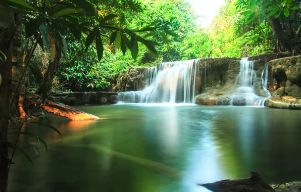 Зелень, лес, солнце, тропики, ручей, водопад, Таиланд