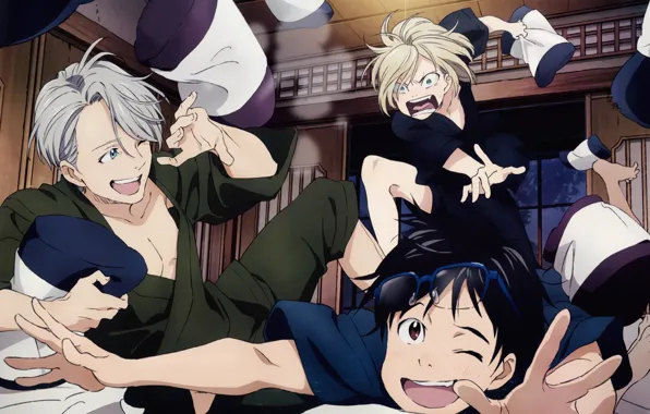 Фигуристы, парни, трое, Yuri on Ice, Юрий на льду, Виктор Никифоров, Юри Катсуки, Юрий Плиседский