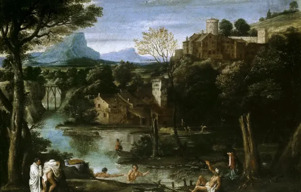 Картинка деревья, горы, озеро, люди, картина, Пейзаж с Купальщиками, Агостино Карраччи