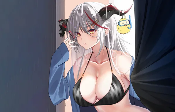 Girl, sexy, lingerie, bra, cleavage, horns, long hair, boobs