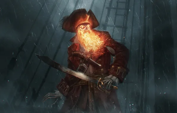 Картинка шторм, дождь, огонь, корабль, шляпа, арт, пират, скелет
