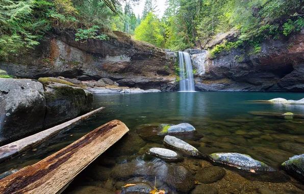 Картинка лес, природа, озеро, река, камни, водопад, USA, Oregon