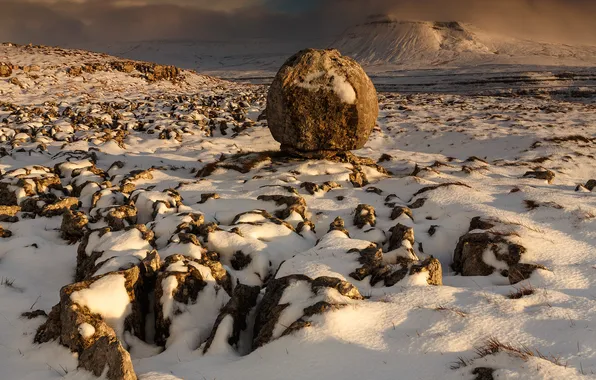 Картинка зима, снег, горы, камни, Англия, Ingleborough, Йоркшир-Дейлз