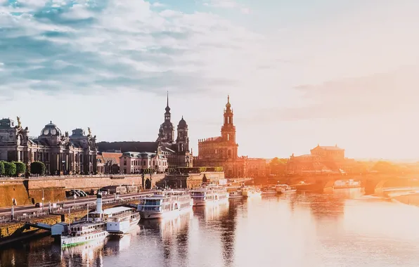 River, bridge, Germany, sunset, Dresden, street, boats, architecture