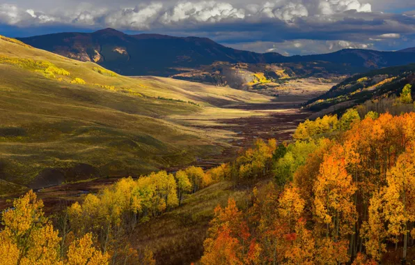 Осень, лес, облака, деревья, пейзаж, горы, река, холмы