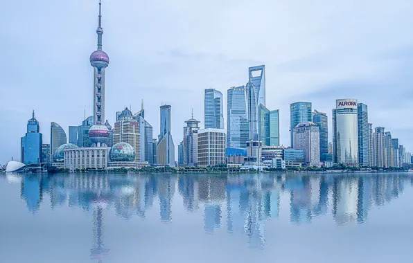 Вода, отражение, река, China, здания, Китай, Shanghai, Шанхай