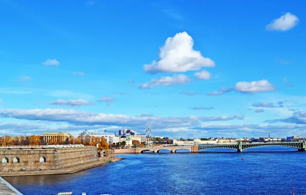 Солнце, Облака, Мост, Осень, Санкт-Петербург, Петропавловская крепость, Нева, St.Petersburg