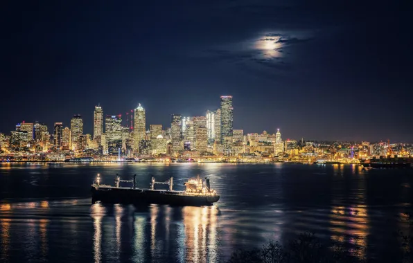 Корабль, здания, залив, Сиэтл, ночной город, небоскрёбы, Washington, Seattle