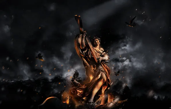 Картинка птицы, пепел, огонь, статуя