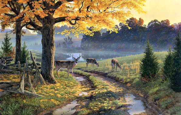Картинка осень, озеро, лужи, живопись, олени, Al Agnew, осенние листья, A Bend in the Road