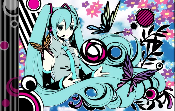 Девушка, бабочки, цветы, арт, vocaloid, hatsune miku, вокалоид, наушники с микрофоном
