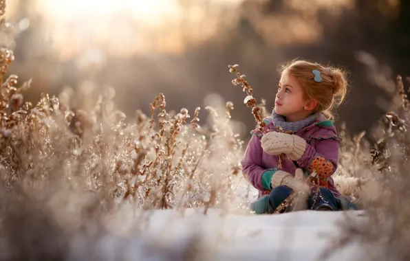 Картинка зима, трава, снег, природа, дети, девочка, ребёнок