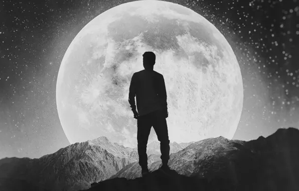 Картинка луна, чёрно-белое, moon, парень, alone