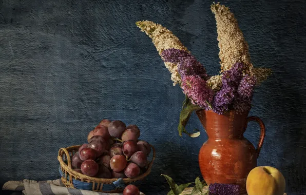 Цветы, букет, виноград, натюрморт, персик
