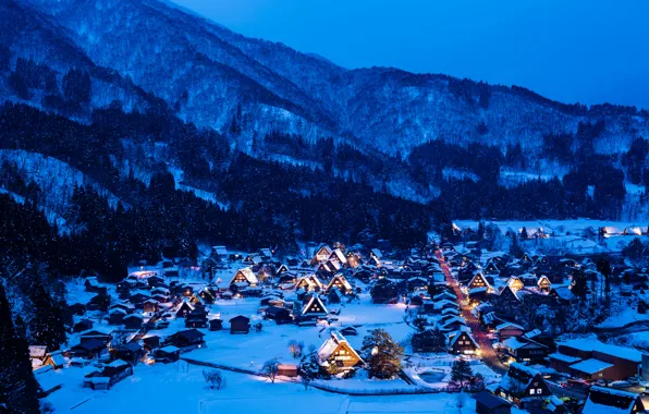 Картинка зима, снег, горы, ночь, огни, дома, Япония, остров Хонсю