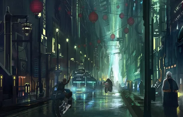 Картинка город, люди, транспорт, улица, арт, мотоцикл, фонарики