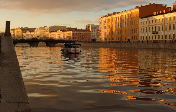 Картинка вода, закат, Питер, катер, Санкт-Петербург, канал