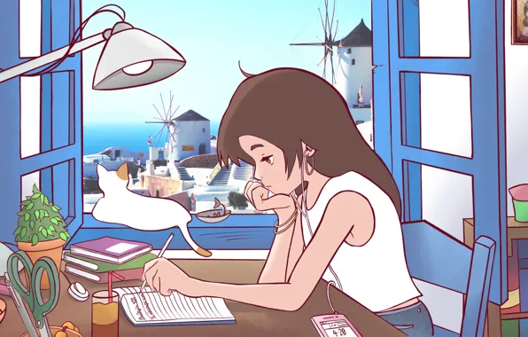 Кот, книги, Греция, наушники, окно, девочка, школа, уроки