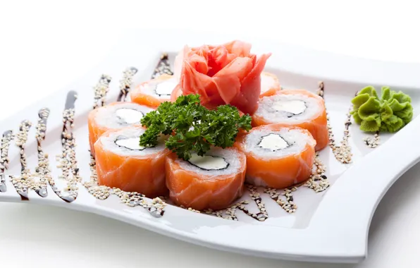 Рыба, роллы, морепродукты, васаби, имбирь, сервировка