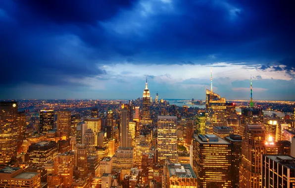 Картинка город, вид, Нью-Йорк, вечер, панорама, USA, США, Манхэттен