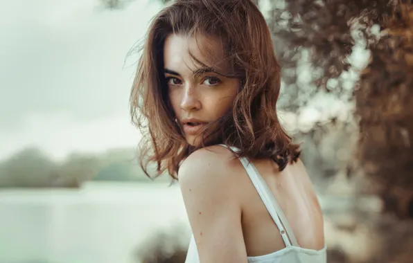Girl, white dress, frame, staring