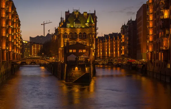 Картинка мост, дома, вечер, Германия, канал, Гамбург