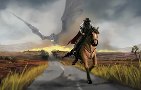 Дорога, лошадь, фантастика. арт, дракон. крылья, скачет. ковбой. всадник