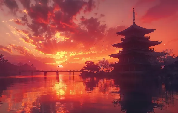 Закат, япония, japan, sunset, феодальная япония, feudal japan