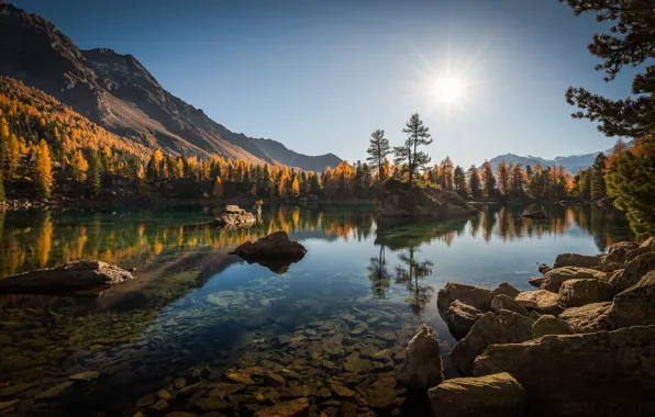 Картинка осень, лес, деревья, горы, озеро, отражение, камни, Швейцария