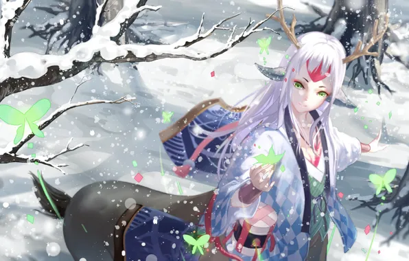 Зима, взгляд, арт, Onmyouji, shan-n