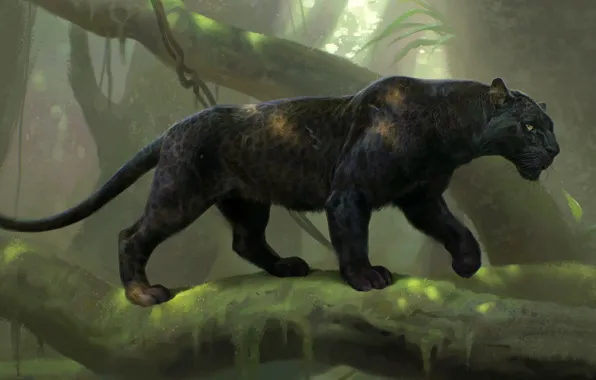 Картинка digital art, Black Panther, animal themes, panther walks on tree branch