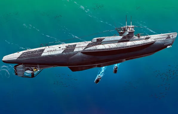 Рисунок, Германия, арт, U-Boot, Средняя ДПЛ, Тип VII-D, выброс мин