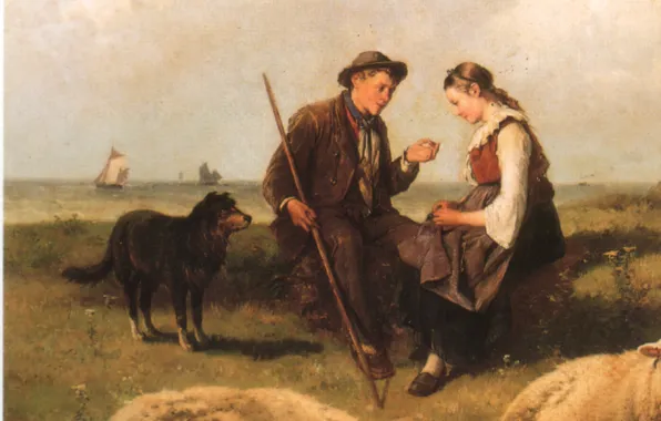 Картинка собака, пастбище, парень и девушка, THÉODORE GERARD